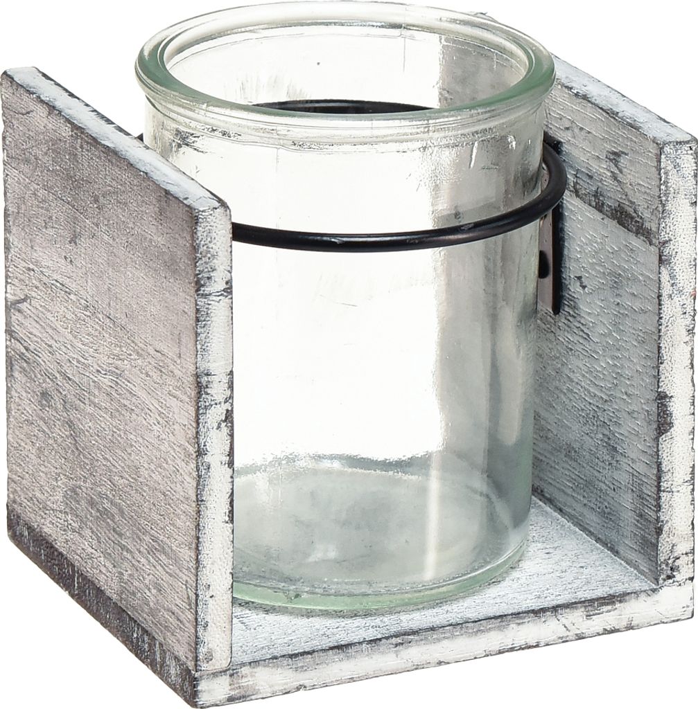 Teelichthalter Glas Rustikal Holzrahmen Grau-Weiß 10x9x10cm 3er Set Tischdeko, 3 Stück