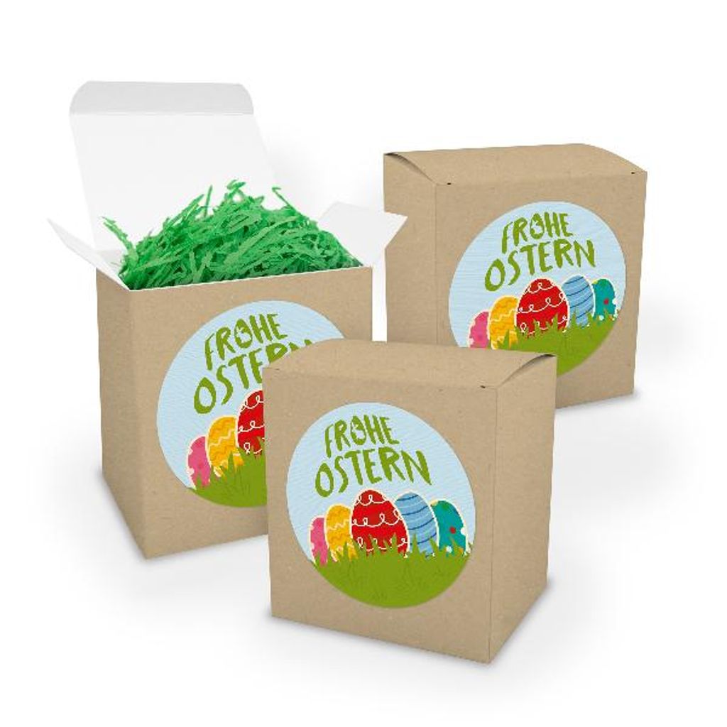 itenga 3x XL-Würfel in Braun Frohe Ostern bunt 9,5 cm Durchmesser mit Ostergras