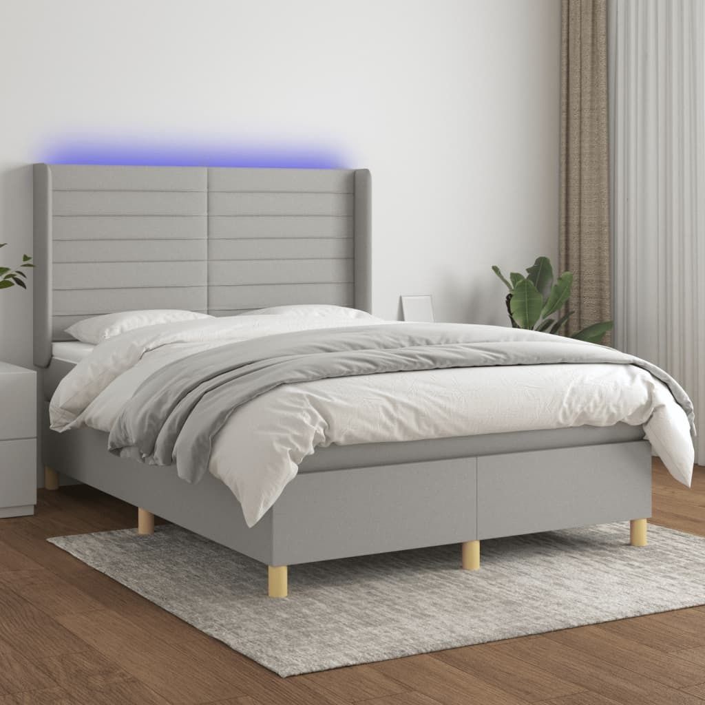 The Living Store Boxspringbett mit Matratze & LED Hellgrau 140x190 cm Stoff