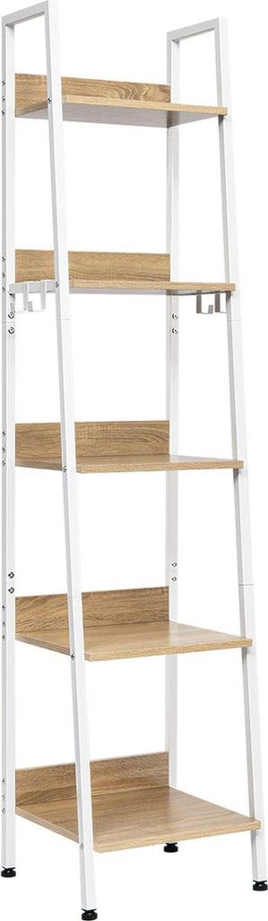 Happyment Bücherregal Galito – 5 Ebenen – Weiß – Marble-Look – Leiterregal – Holz & Metall – 40 x 36 x 170 cm – inkl. 4 Haken