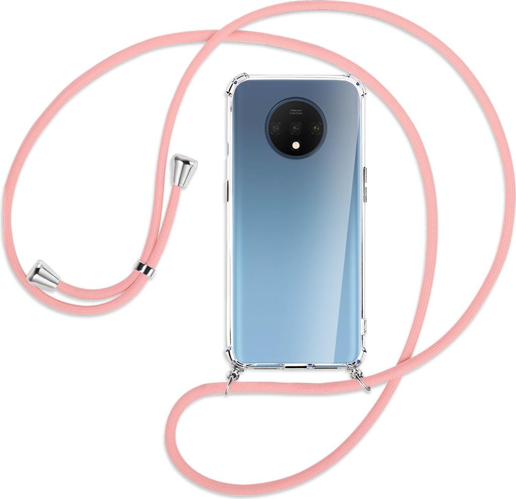 Handykette Backcover-Schutzhülle mit Band (Metall silberfarben) für OnePlus 7T - rosa