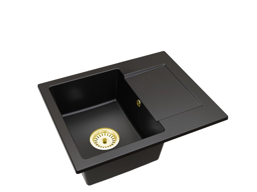 Granitspüle Einbecken mit Abtropffläche Donzo – Schwarz mit goldenem Einbeckensiphon