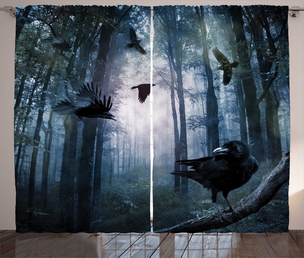 ABAKUHAUS Krähe Rustikaler Gardine, Goth Vögel in Gloomy Wald, Schlafzimmer Kräuselband Vorhang mit Schlaufen und Haken, 280 x 225 cm, Charcoal ...