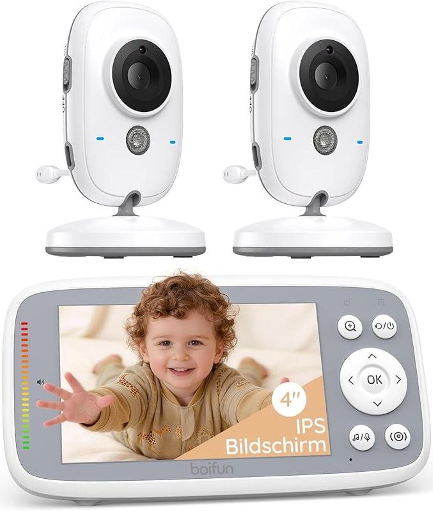 BOIFUN Babyphone HD 4 Zoll mit 2 Kameras, Video Babyphone ohne WLAN VOX Nachtsicht Babyfon 2-Wege-Gespräch Erweiterbar auf bis zu 4 Babykameras