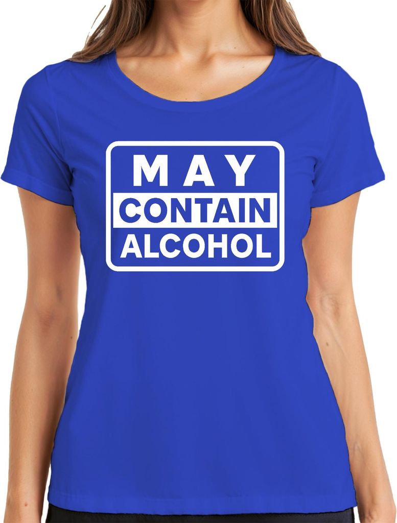 May Contain Alcohol Lustiger Warnhinweis Party Geschenk Retro Damen T-Shirt, Blau, 3XL