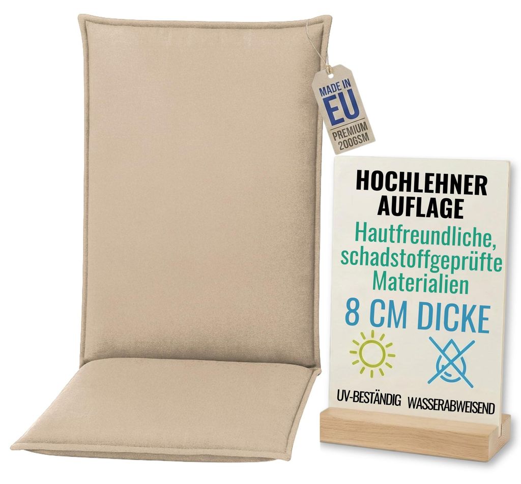 Pillows24 - Hochlehner Auflagen 120x50x8 cm | Bequeme & Wetterfeste Gartenstuhlauflagen | Polster Sitzkissen für Gartenmöbel | EU | Cappuccino