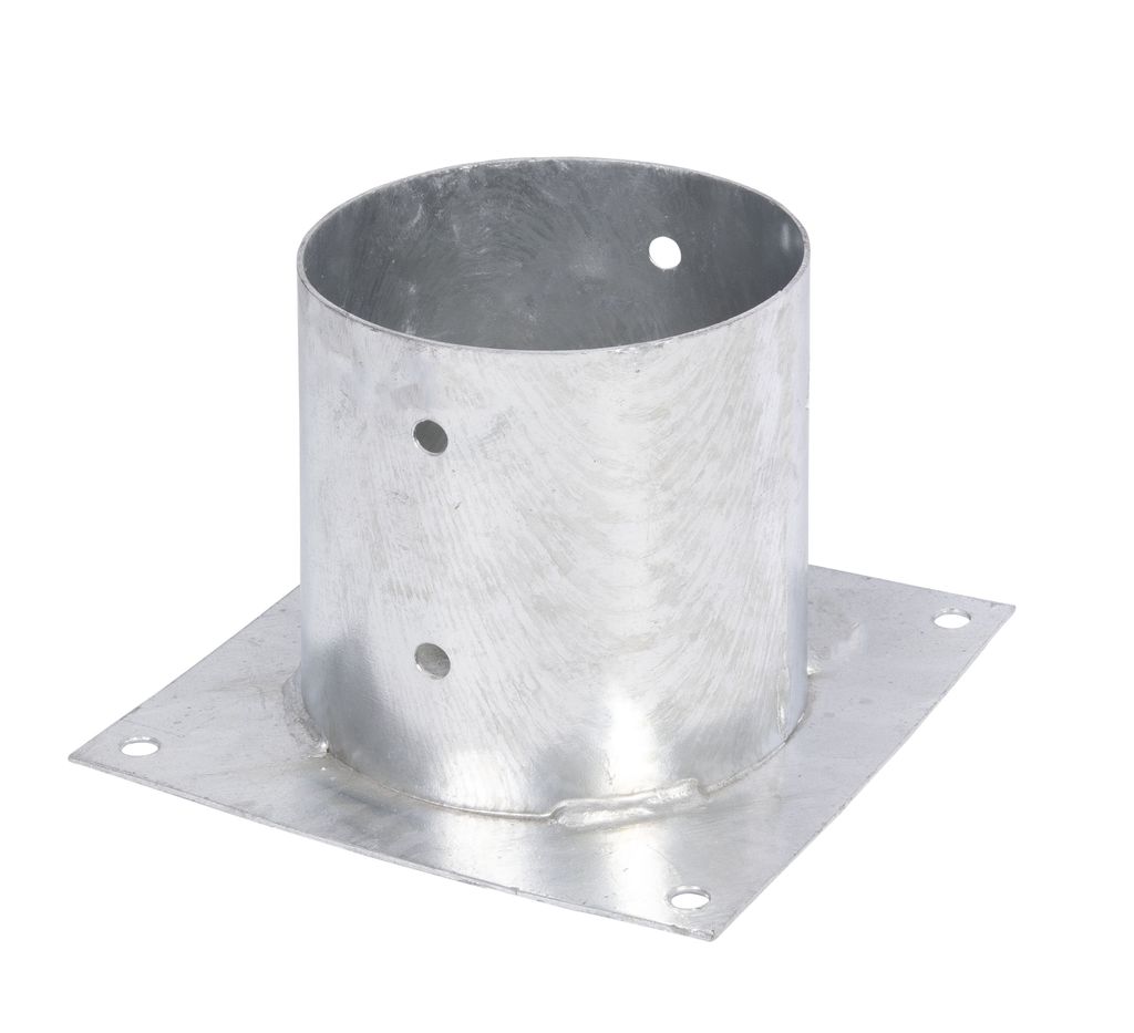 A galvanized metal post anchor with a square base and a cylindrical top, shown against a white background.