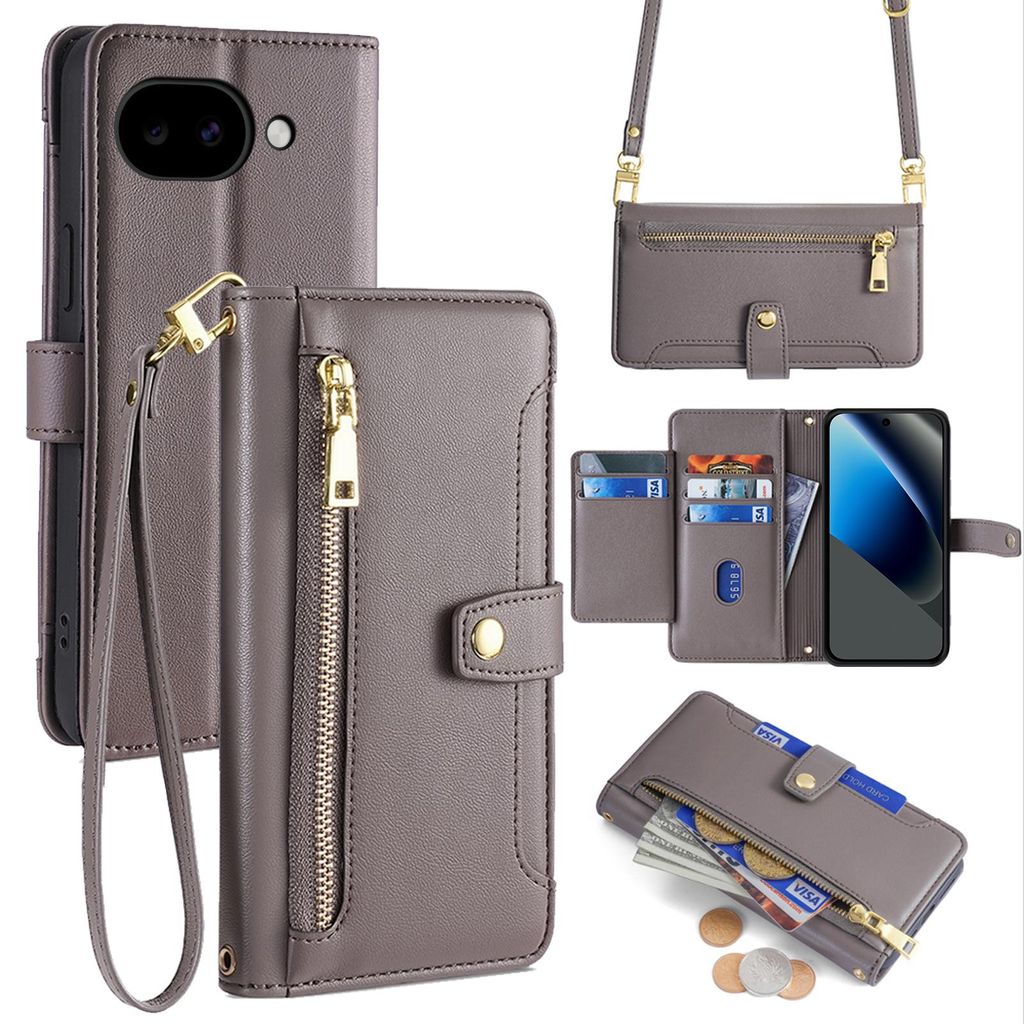 Handykette Google Pixel 10A Hülle mit Band Handyhülle Kartenfächer Kunstleder Umhängetasche in Grau
