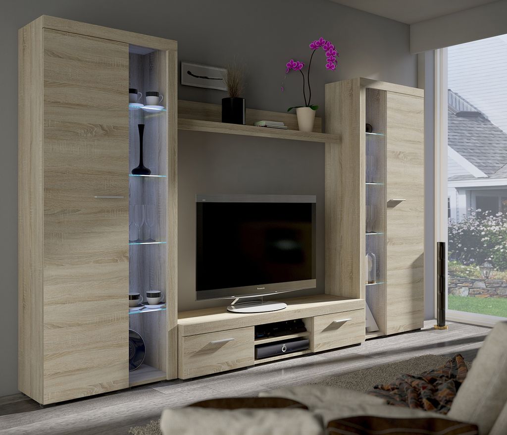 Wohnzimmer – Set Schrankwand Medienwand RUMBA XL eiche Produktbild 