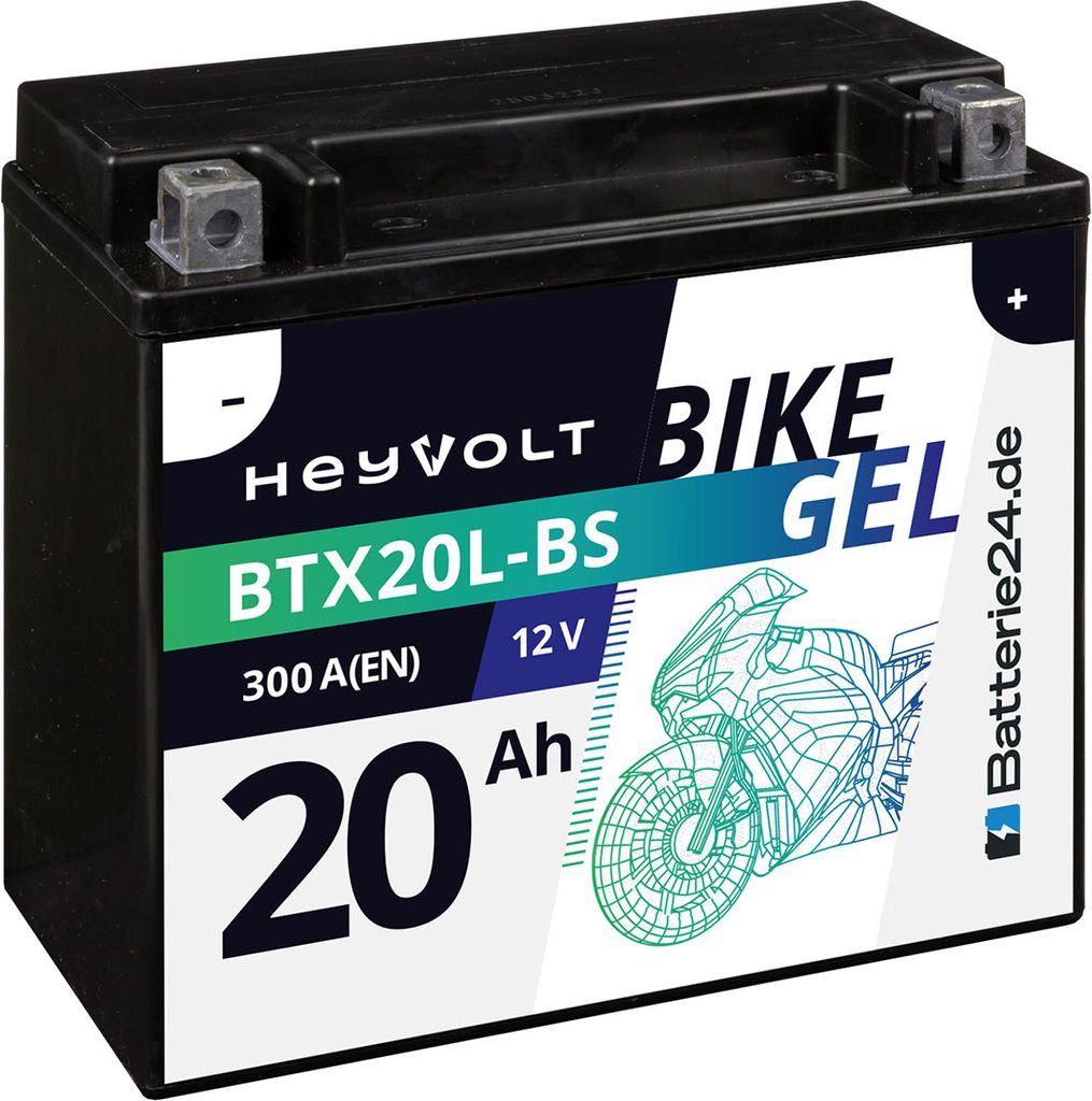HeyVolt Motorradbatterie GEL 82000 BTX20L-BS ersetzt YTX20L-BS 12V 20Ah
