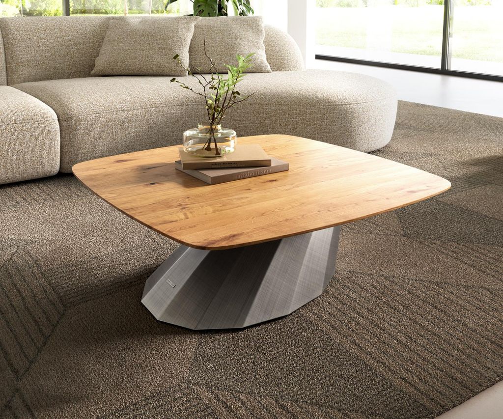 DELIFE Couchtisch Edge Boot 90x90 cm Eiche Natur Schweizer Kante Parabi Metallic Silber
