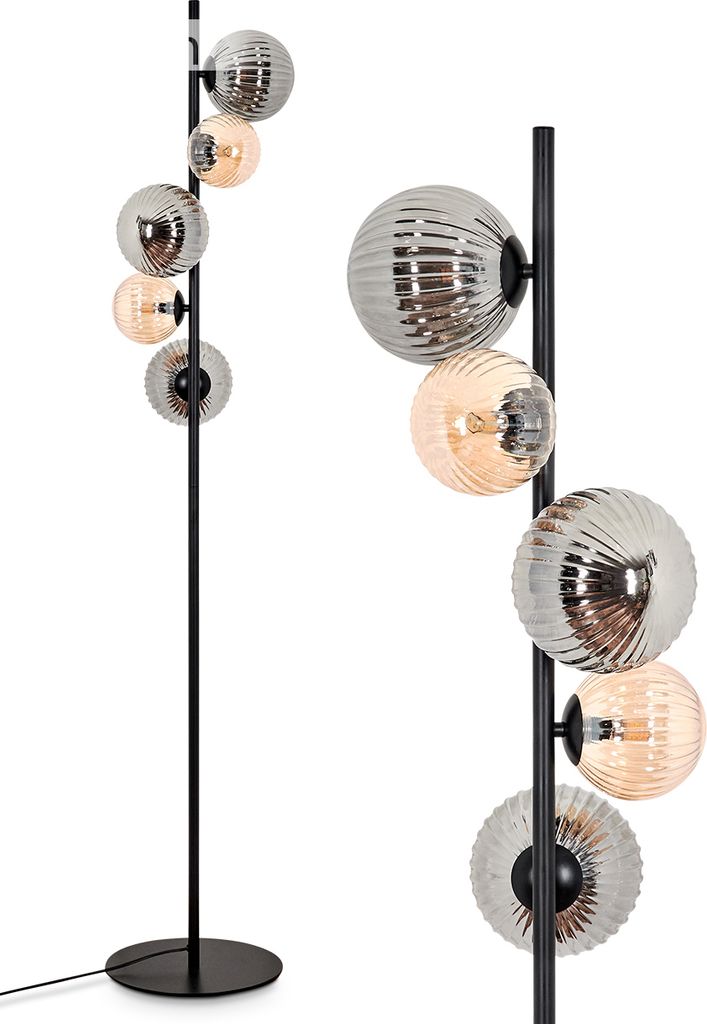 Garaguso Stehlampe aus Metall/Riffelglas in Schwarz/Rauch/Bernstein