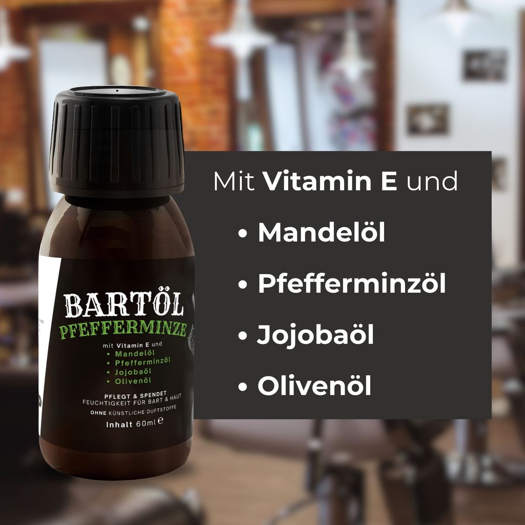 Bartöl Pfefferminze 60 ml – Bartpflegeöl mit Jojoba-, Mandel- & Olivenöl – Feuchtigkeit & Glanz – Bartpflege Bart Öl