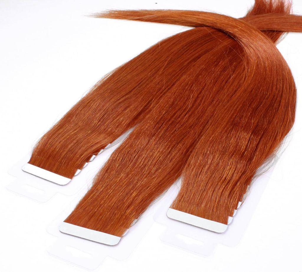 hair2heart Tape Extensions Echthaar Glatt - 10 Tapes 2.5g 40cm Kupferrot