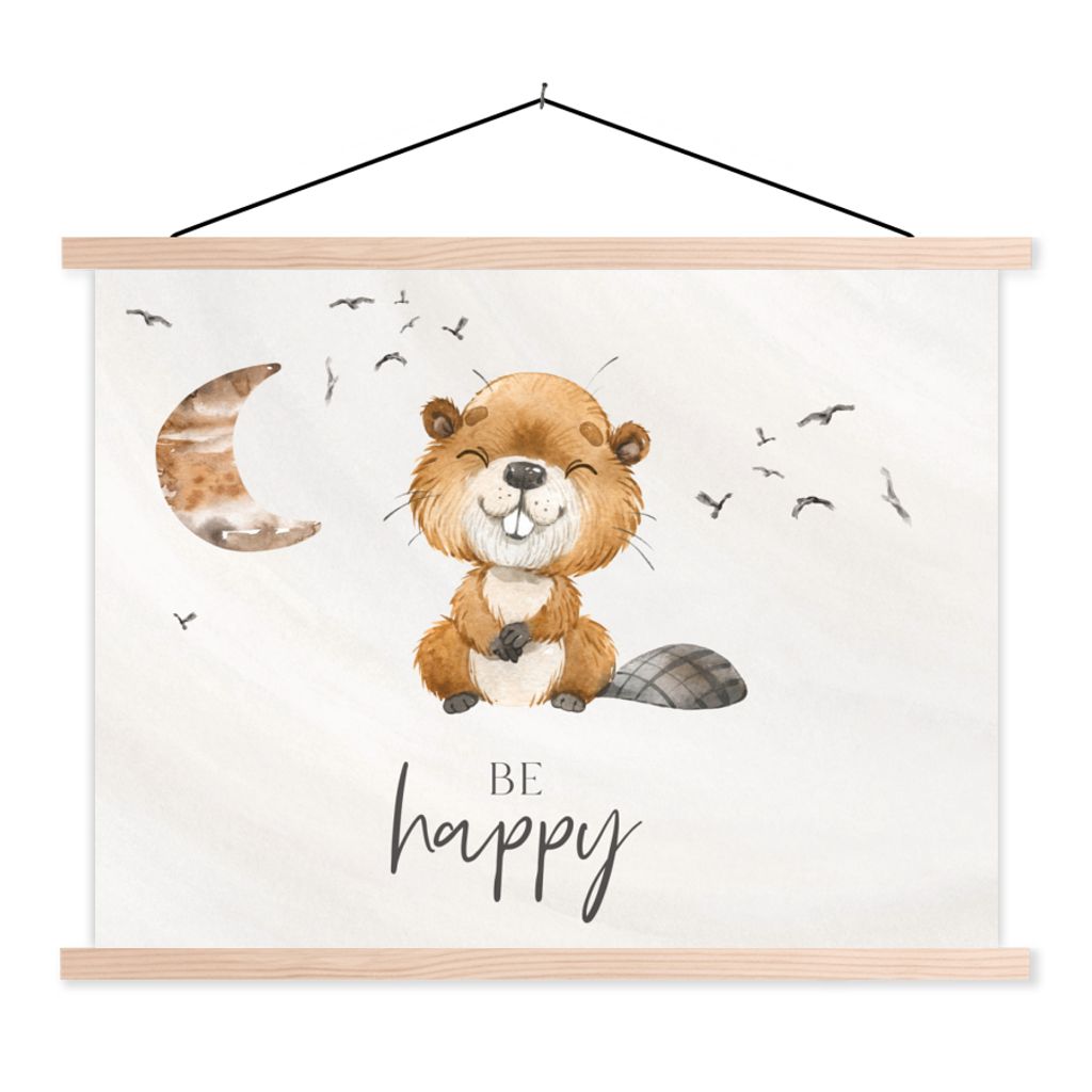 MuchoWow Textilposter Zitate - Glücklich sein - Kinder - Mond - Biber - Aquarell 60x45 cm mit holzfarbenen Rahmen - Bild
