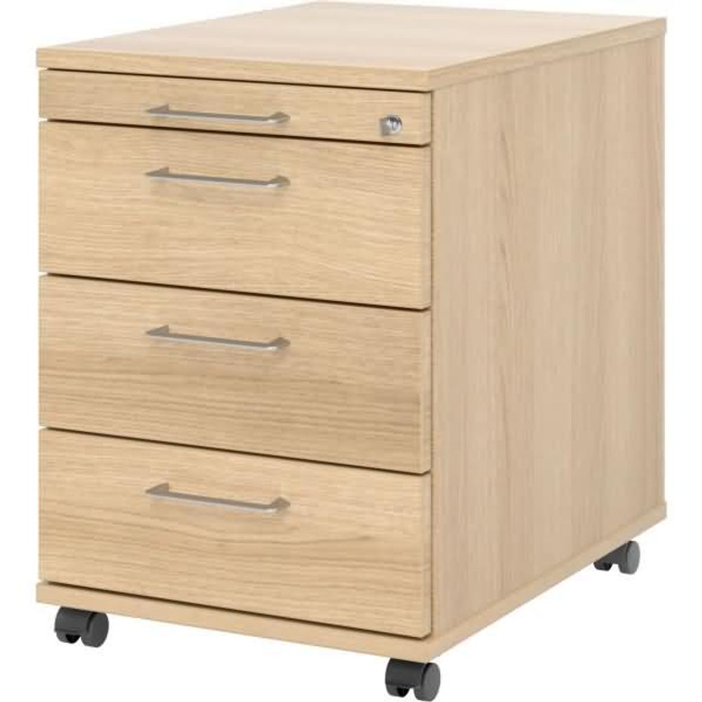 Rollcontainer 58cm 3 Schübe Schloss Bügelgriff Eiche