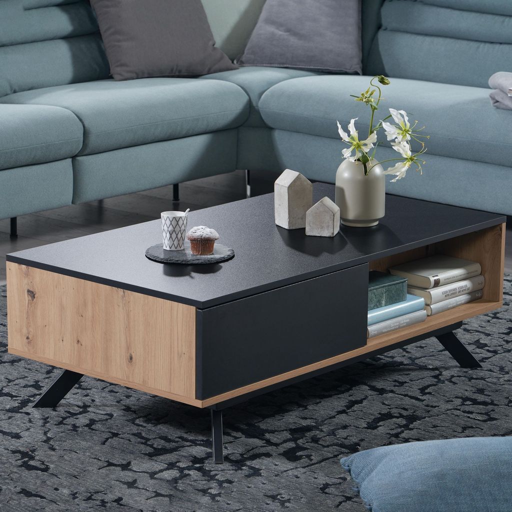 WOHNLING Couchtisch 110x60x38 cm MDF Eiche-Nachbildung / Schwarz Wohnzimmertisch Sofatisch Rechteckig mit Stauraum Kaffeetisch mit Schubladen Tisch