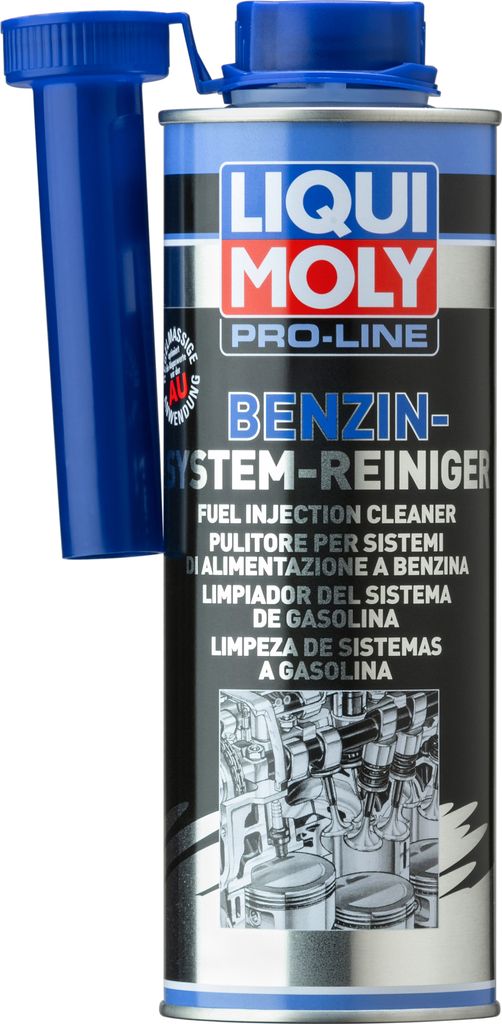 A can of Liqui Moly fuel injection cleaner with a blue measuring tube attached.