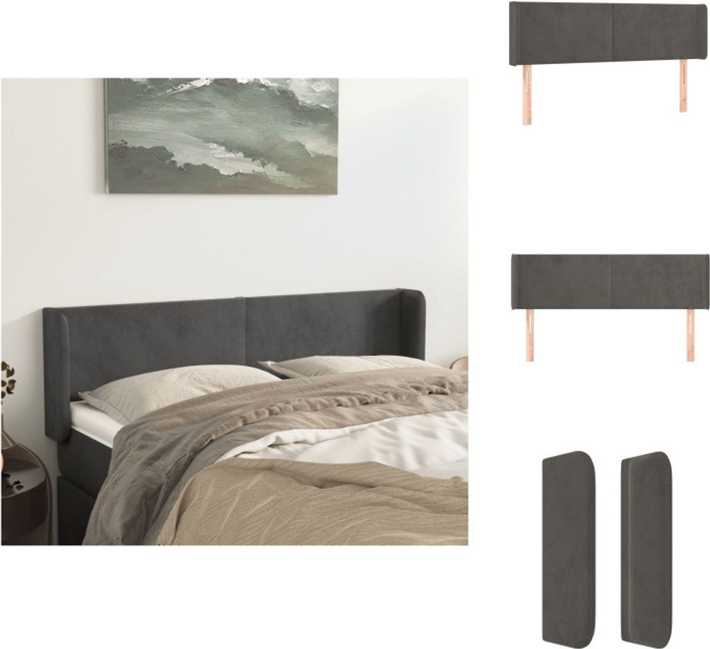vidaXL Kopfteil mit Ohren Dunkelgrau 147x16x78/88 cm Samt - Kopf- & Fußenden