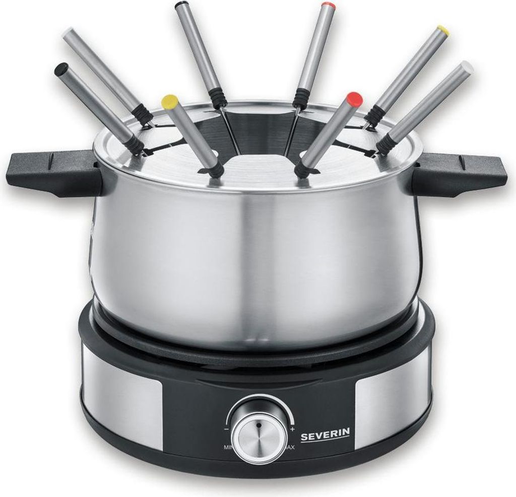 Severin Fondue-Crêpes-Kombination, spülmaschinengeeignetes Fondueset mit 8 farblich markierten Gabeln, Fondue-Crêpes Maker-Kombi aus Edelstahl, ...