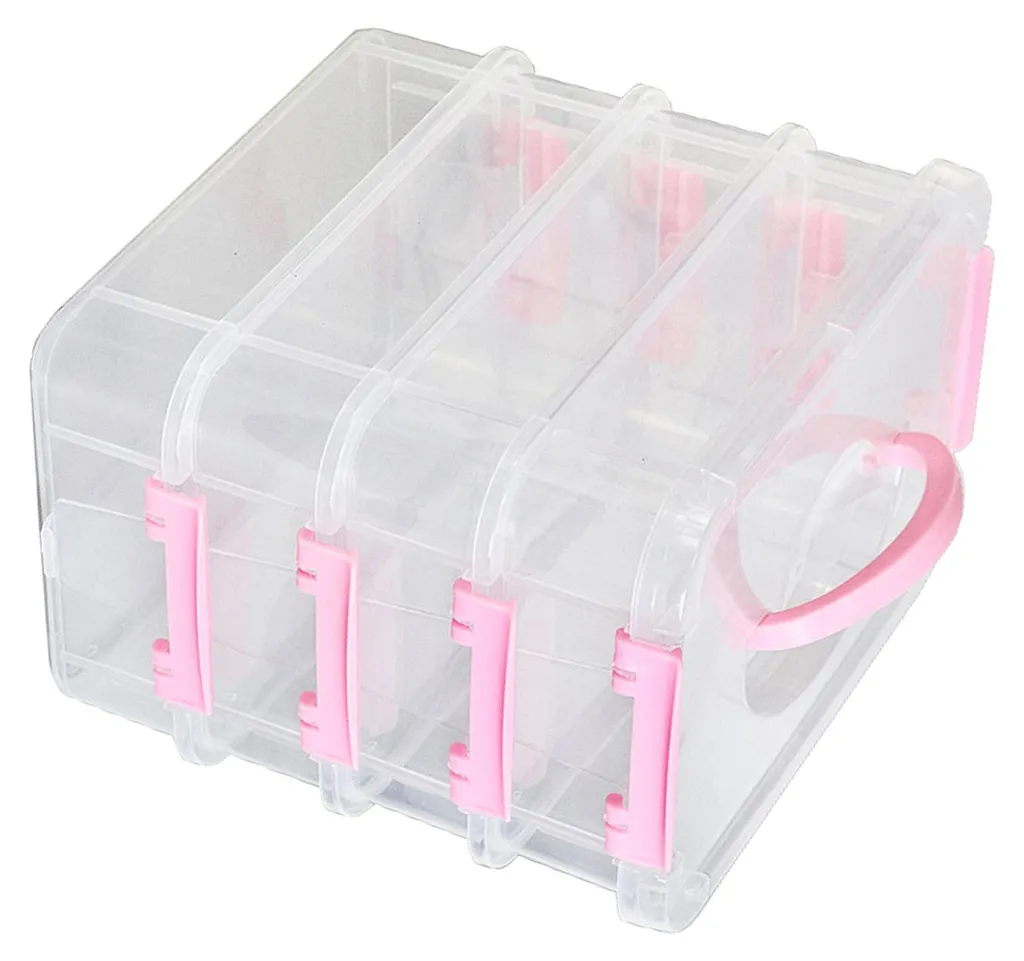 Boîte de rangement empilable en plastique rose avec un couvercle
