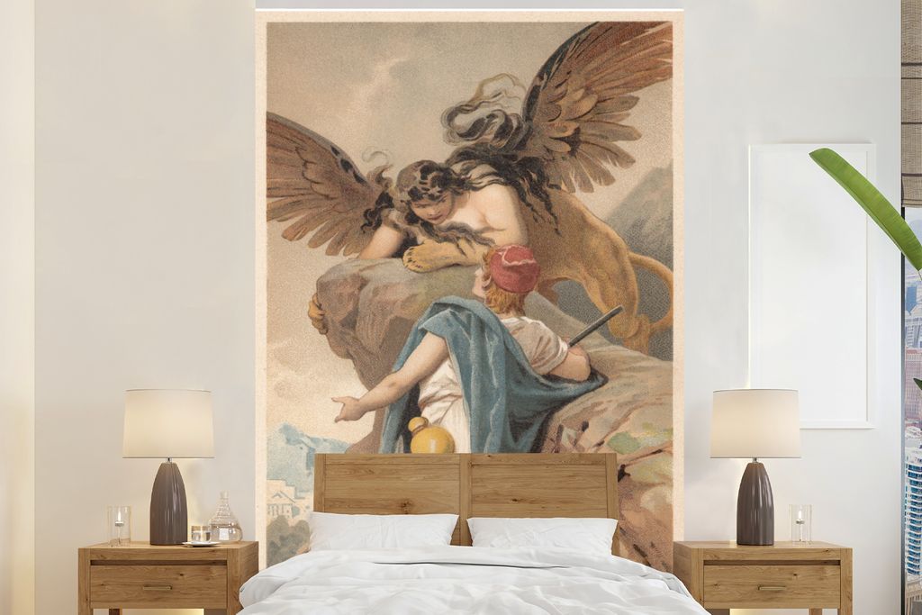 MuchoWow Fototapete für Wohnzimmer oder Schlafzimmer Wandtapete Vinyl Motivtapete Eine Illustration von Ödipus und der Sphinx - 160x240 cm - Vi...