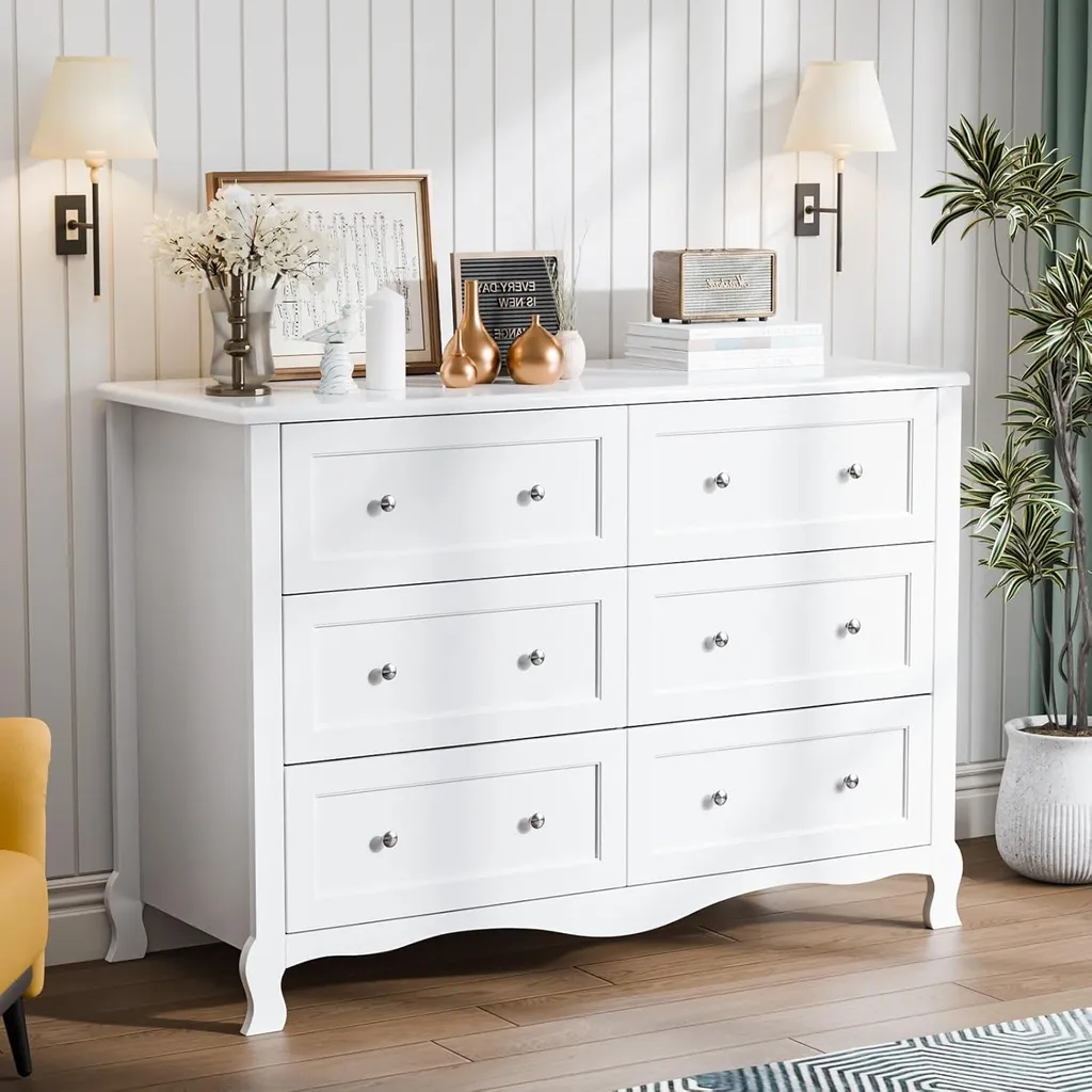 Commode 6 Tiroirs Anti-Désordre en Bois Blanc 120 cm pour Chambre
