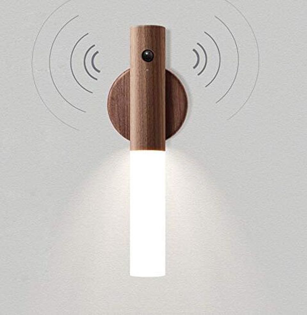 Batteriebetrieben Wandleuchte mit Bewegungsmelder Kabellos Batterie Holz Wandlampe Innen LED USB Aufladbar Nachtlicht Magnet Schrankbeleuchtung
