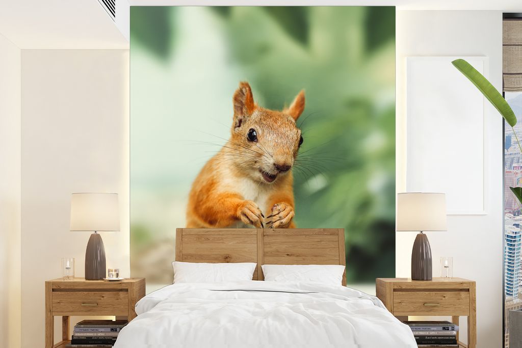 MuchoWow Fototapete für Wohnzimmer oder Schlafzimmer Wandtapete Vinyl Motivtapete Eichhörnchen - Rute - Herbst - 160x220 cm - Bildschirmhinterg...