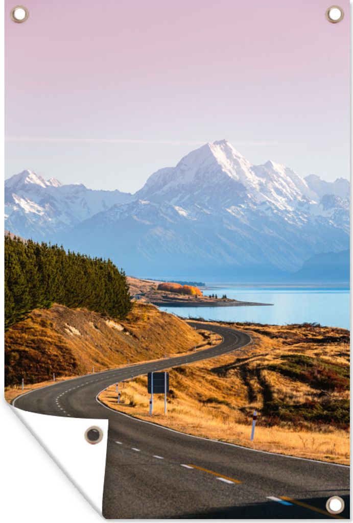 MuchoWow 40x60 cm Outdoor-Poster Gartendeko Sichtschutz Garten Poster für den Garten Straße in Neuseeland mit schneebedeckten Bergen im Hinterg...