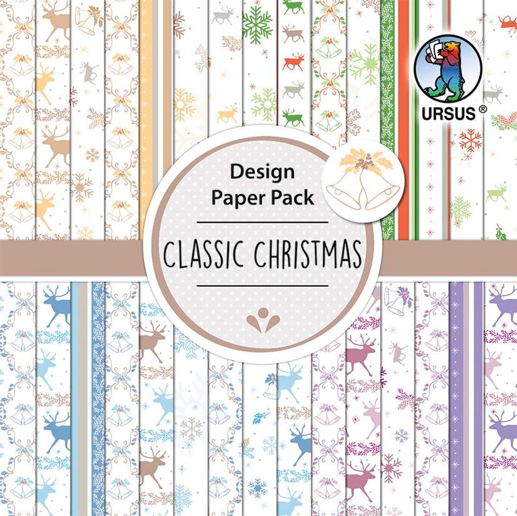 URSUS Design Paper Pack, Classic Christmas, 190g, 15x15cm, 30 Blatt