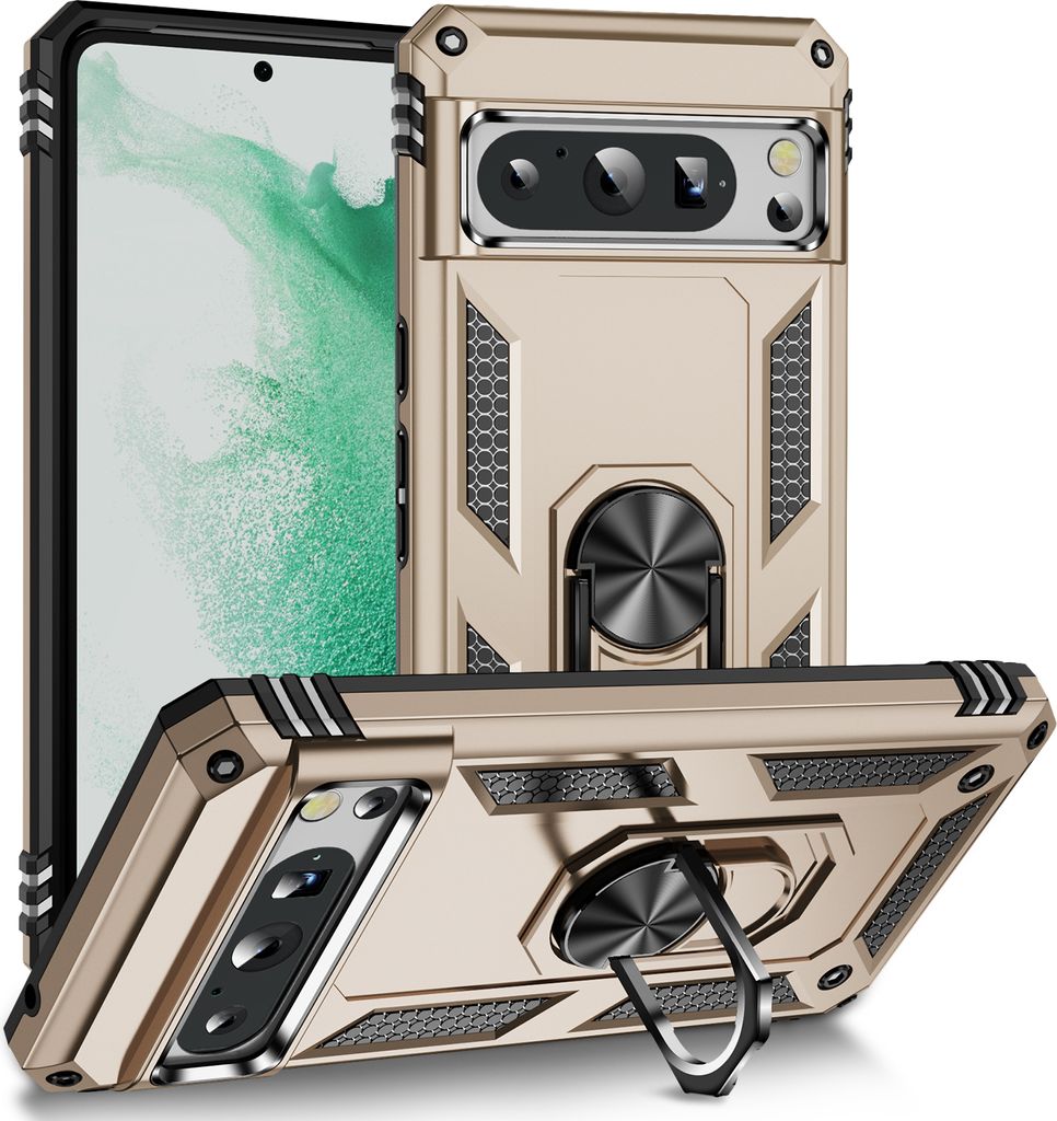 Schutzhülle für Google Pixel 8 Pro Dual Layer Robust Militäre Fallschutz Hülle mit Ringhalterung Ständer Gold