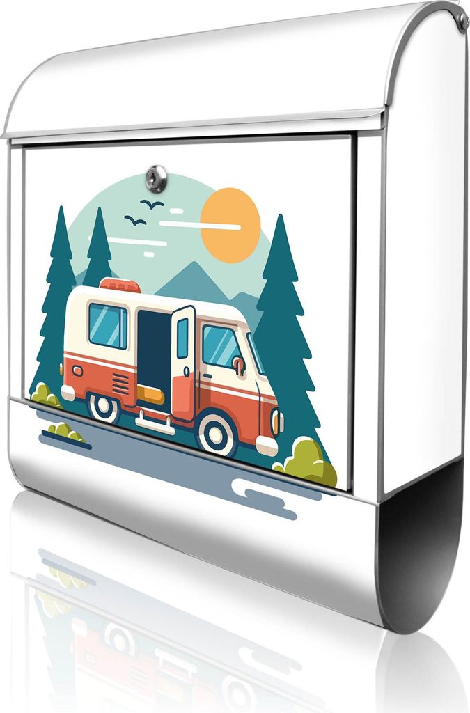 banjado Design Briefkasten Stahl silber mit Zeitungsfach pulverbeschichtet "Abenteuer Reise" 38x46x12,5cm & 2 Schlüssel - Postkasten A4 Einwurf in...