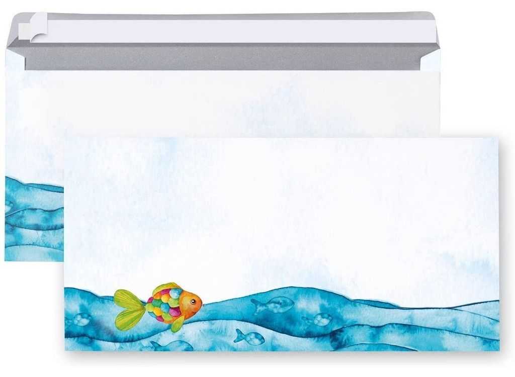 10 Stück Briefumschläge Umschläge Fisch Regenbogen-FISCH blau türkis bunt DIN Lang 22 x 11 cm Briefkuvert mit Haftklebestreifen Kinder Kommunio...