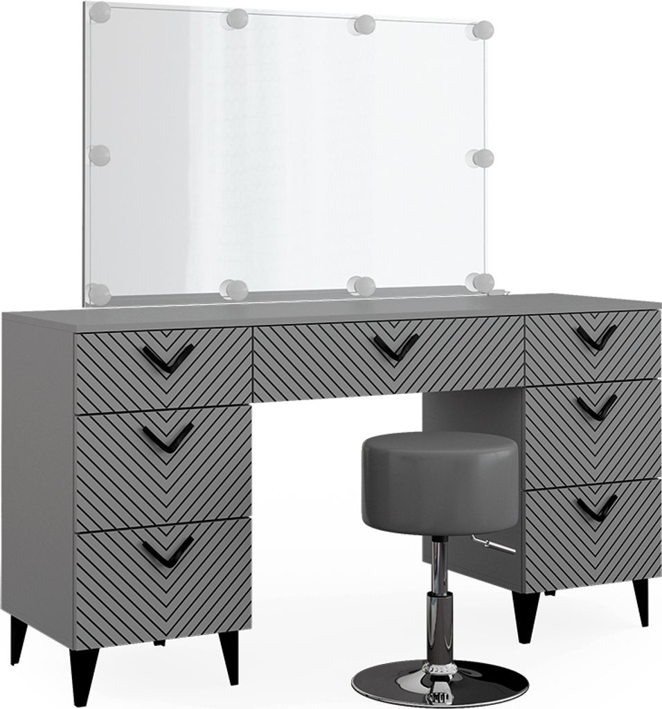 Schminktisch Vicco Anett Grau 150 cm mit LED Beleuchtung und Hocker, Model 40716