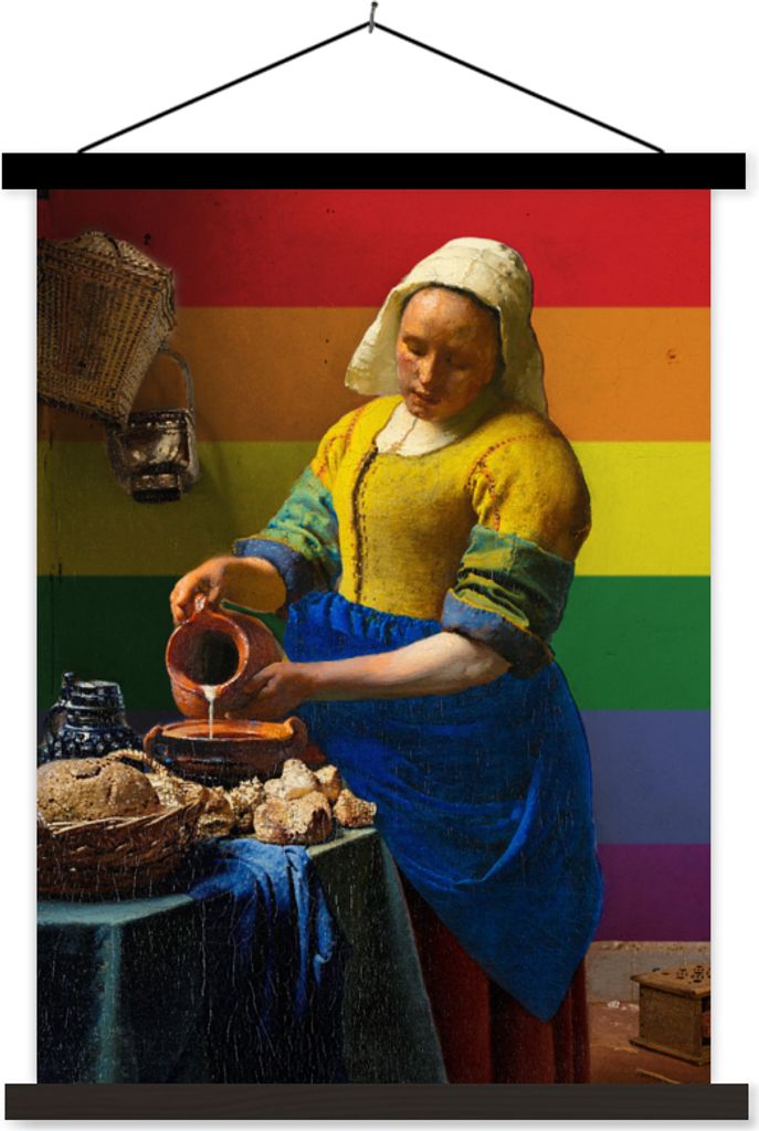 MuchoWow Textilposter Milchmädchen - Regenbogen - Kunst 120x160 cm mit schwarzem Rahmen - Magnetischer