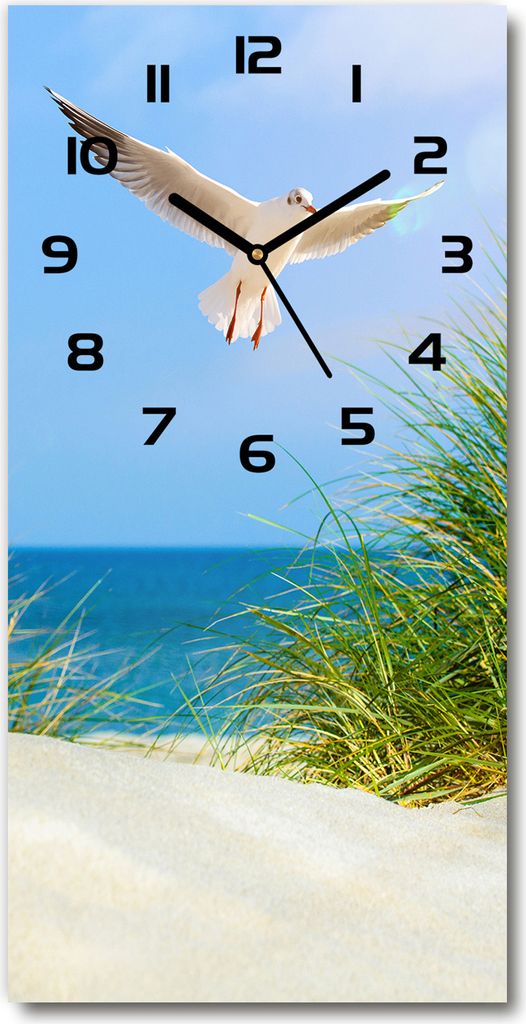 Wanduhr aus Glas – 30x60 cm - Glasbild - Glasuhr - Gehärtetes Glas -Seemöwe über den Dünen
