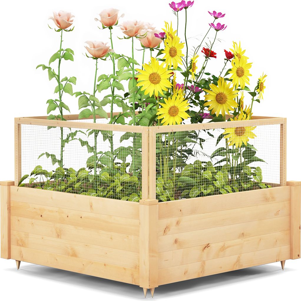 COSTWAY Hochbeet Pflanzkasten mit Gitterzaun, 4-seitigem Zaun & 9 Pflanzflächen, Schutz vor Tierschäden, Blumenkasten Holz 107x107x70cm