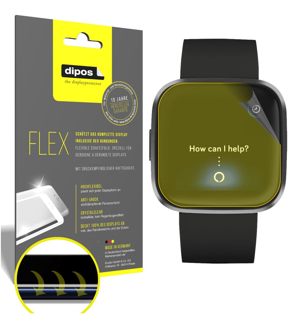 3x Schutzfolie für FitBit Versa 2 Folie, 100% Displayabdeckung, dipos Flex