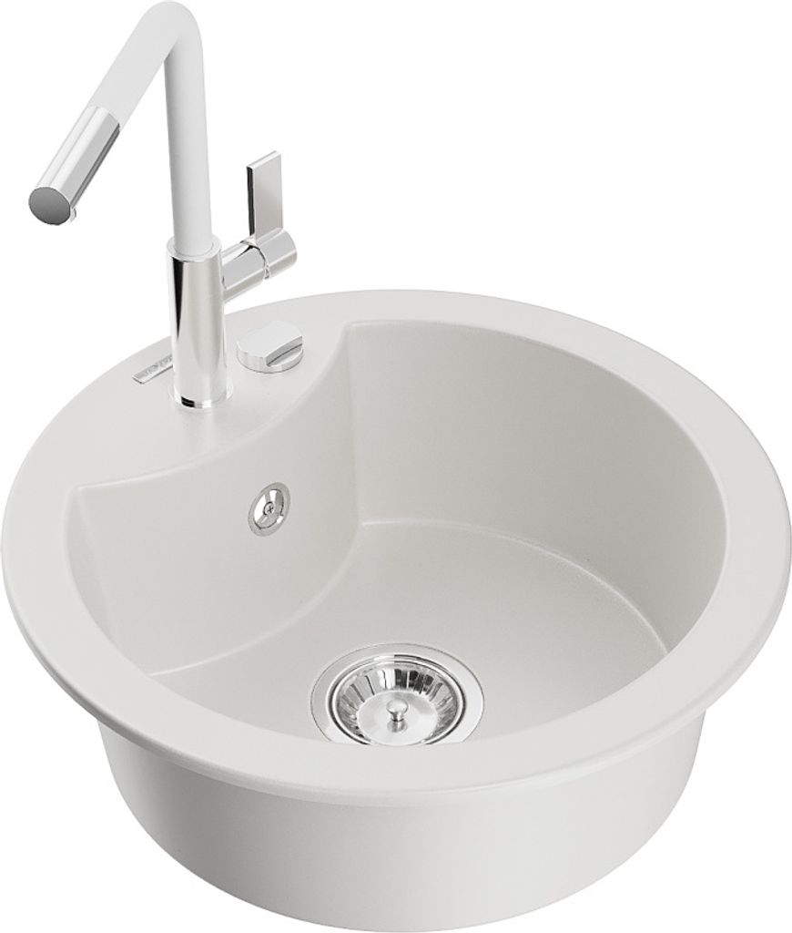 Mexen Diego 1-Becken-Granitspüle mit Mischbatterie Flora, Weiß - 6512-20-670401-02