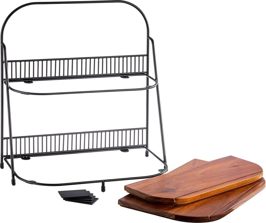 2-stufiges Regal 355 x 21 cm H: 40 cm - 1x Rahmen Metall schwarz mit rutschfesten Füßen - 2 Regalböden aus Akazienholz: 345 x 205 cm
