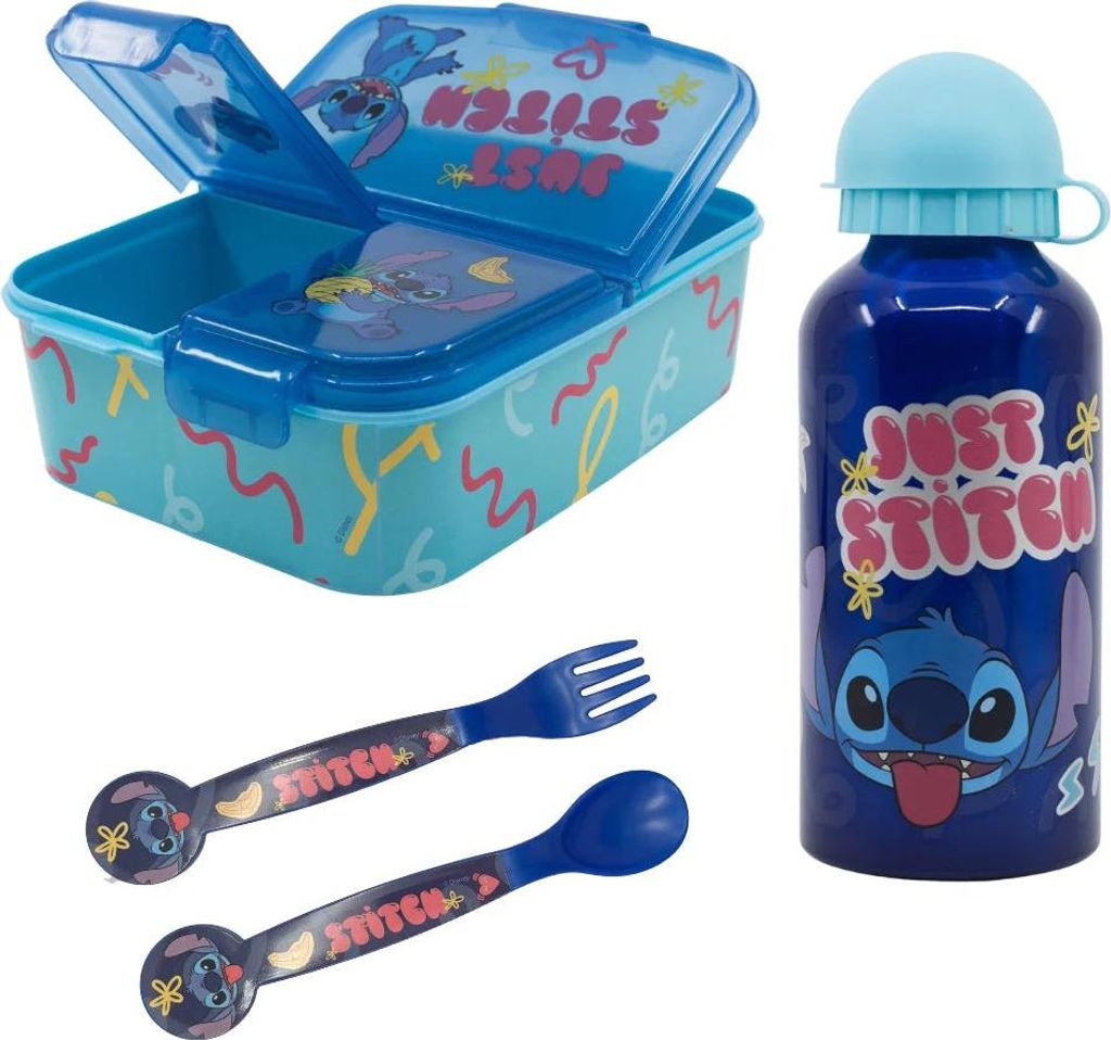 Disney Stitch 4 tlg. Lunch Set Brotdose mit 3 Kammern Alu-Trinkflasche Besteck