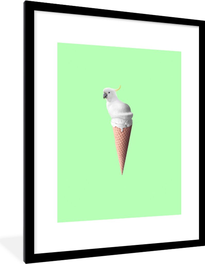 MuchoWow Gerahmtes Poster Papagei - Eistüten - Eiscreme - Weiß - Grün 60x80 cm - Poster mit Schwarzem Bilderrahmen Wandposter Rahmen Foto Bild...