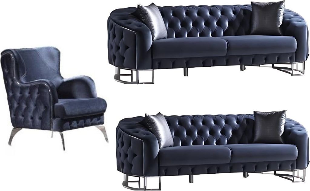 Villa Möbel Sofa Set Rocco Anthrazit Stellvariante:3+2+1 Handmade, pflegeleichter Mikrofaser Samtstoff