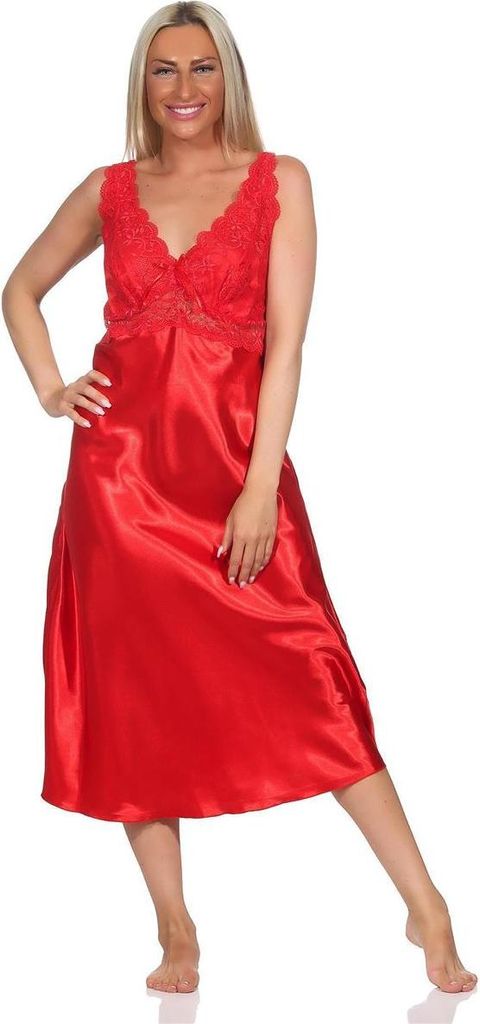 Damen Negligé Satin Nachtkleid Reizwäsche mit Spitze; Rot/L
