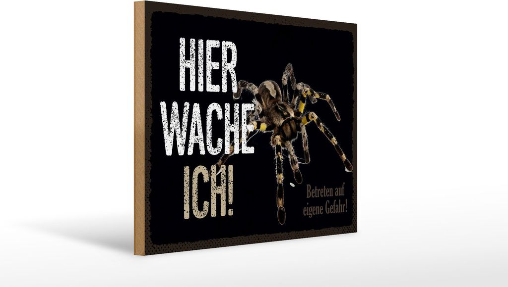 Holzschild Hinweis Spinne hier wache ich eigene Gefahr, 40x30 cm, Holzschilder Tiere Achtung