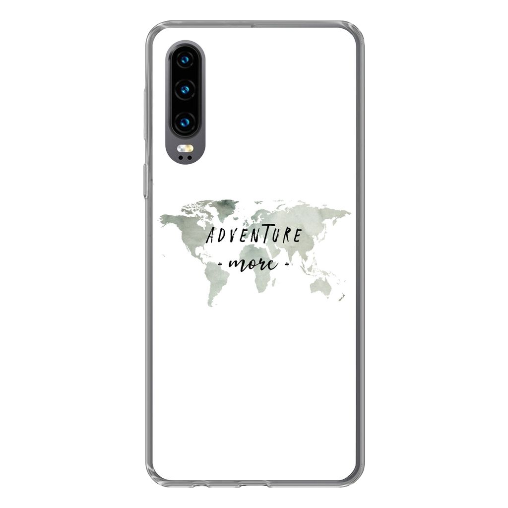 MuchoWow Handyhülle Schutzhülle Hülle für Huawei P30 Weltkarte - Grau - Zitate Silikon Softcase Handy Hülle - Kartenbesitzer