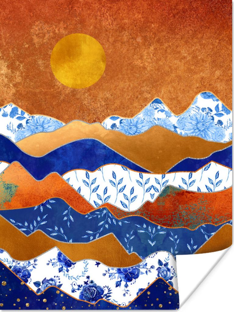 MuchoWow Poster Delfter Blau - Muster - Gold 120x160 cm - Wandbilder