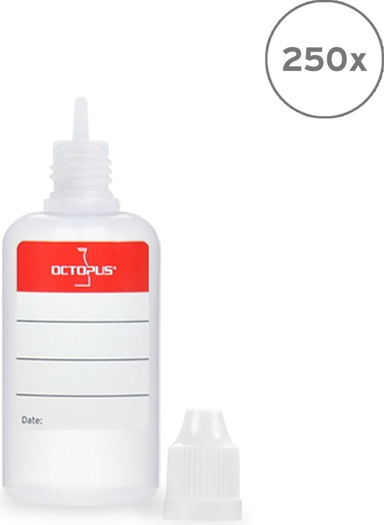 250 Plastikflaschen 30 ml LDPE, G14, Tropfeinsatz, Deckel weiß