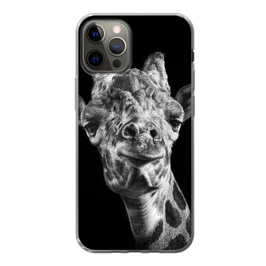 MuchoWow Handyhülle Schutzhülle Hülle für iPhone 12 Pro Giraffe vor schwarzem Hintergrund in schwarz und weiß Silikon Softcase Handy Hülle ...